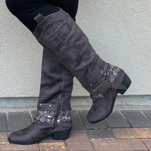 Boho Charcoal Grey Distressed Knee High Boots - Picture 3 of 8